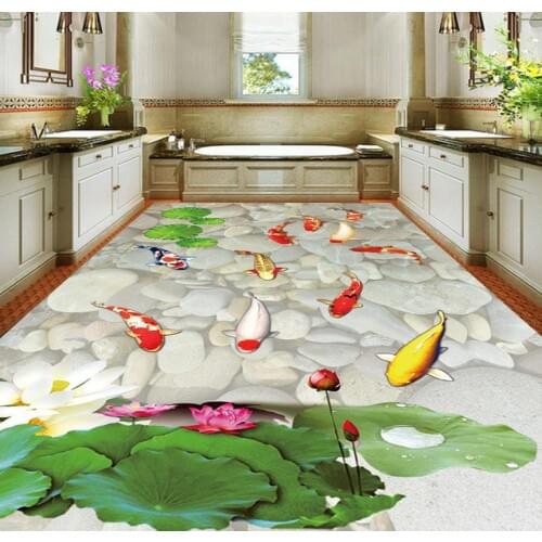 3D Floor Modern Custom 3D Floor Mural Lotus Carp Bathroom Floor Living Room 3D Mural-3d PVC Wallpaper Self-adhesive Floor