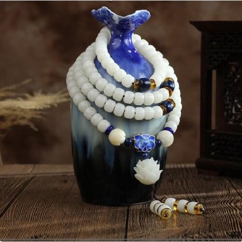High-quality Natural White Jade Bodhi Root Bracelet Raw Seed 108 Bodhi Beads Lapis Lazuli Cloisonne Accessories Bracelet