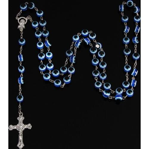 8mm Turkish Jewelry Blue Eye Necklaces For Men / Women Trendy Stainless Steel Saint Benedict Rosary Cross Long Necklace