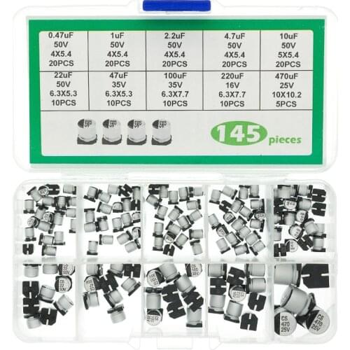 10values 145pcs SMD Electrolytic capacitor assorted kit 0.47V~50V 1uF~470uF with storage box