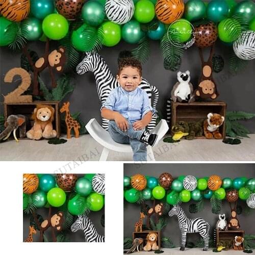 Wild Animal Zoo Boy 2nd Birthday Backdrop Tropic Leaves Balloon Decor Photography Photo Booth Background Baby Shower Backdrop