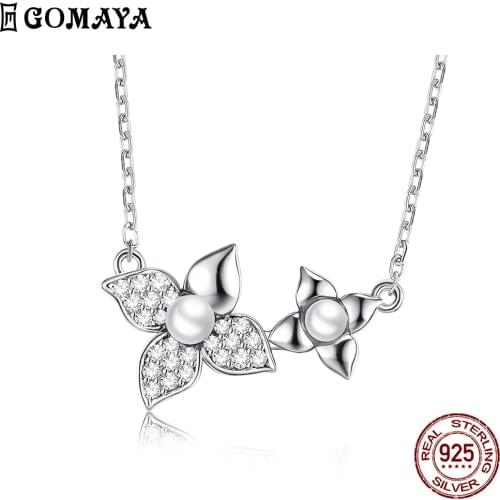 GOMAYA Shell Pearl 925 Sterling Silver Necklace For Women Flower White Cubic Zirconia Wedding Pendant Necklaces Fine Jewelry