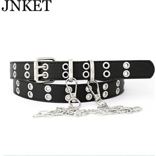 JNKET New Fashion Alloy Women Belts Chain for PU Leather Double Pin Buckle Belt Jeans Belt Ladies Retro Decorative Punk