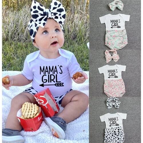 Mamas girl Newborn Baby Girl Clothes Set Summer Short Sleeve Romper Flower Shorts Headband 3Pcs Outfit New Born Infant Clothing
