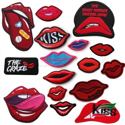 Punk red lip lipstick kiss embroidery cloth patch clothes A210 applique fill hole accessories clothes decorative flowers