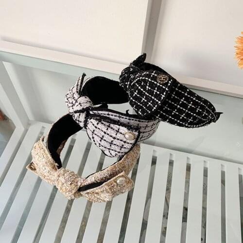 Fashion hair accessories women woolen plaid headbands fabric letter big bow hairband sweet wild hair band headwear winter new