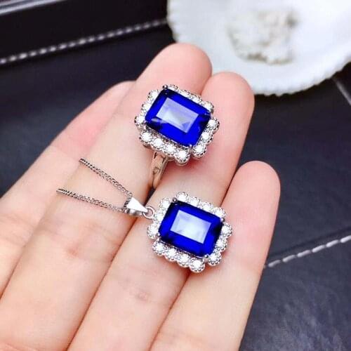 Real Natural Sapphire jewelry set Natural Real Sapphire 925 sterling silver 1pc pendant,1pc ring