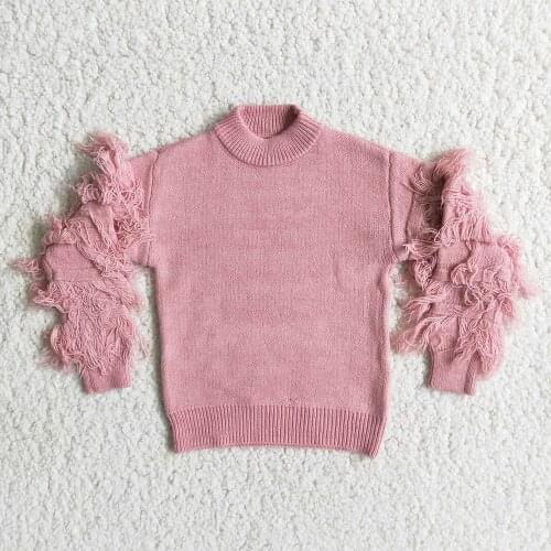 New Style Children O-Neck Design Outwear Fashion Girl Pink Color Sweater With Tassel