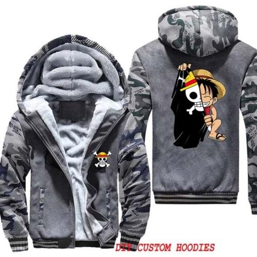 Monkey D. Luffy Anime One Piece Mens Winter Coats Zipper Hooded Thick Coat Men Fleece Hip Hop Sweatshirts Jacket Plus Size 4xl