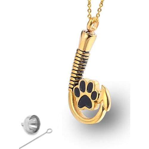 RIR Pet Paw Dog Hook Shaped Pendant Necklace Stainless Steel Memorial Ash Keepsake Cremation Jewelry For Pet Memorial Pendants