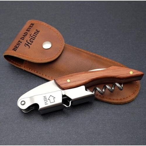 Personalized Corkscrew Wine Bottle Opener with Leather Sheath Wooden Handle Beer Bottle Opener Gift For Dad