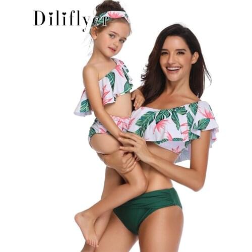 Mother Daughter Sexy Bikinis Women 2021 New One Shoulder Swimwear Mid Waist Swimsuit Girl Bathing Suits Beach Wear Biquini Child