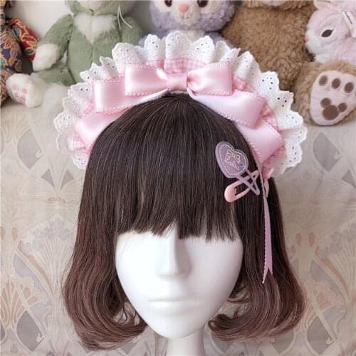 Maid KC Headwear Cosplay Soft Girl Cute Bow Plaid Lace Headband Sweet Lolita Vinatge Handmade Hair Hoop Headdress Accessories