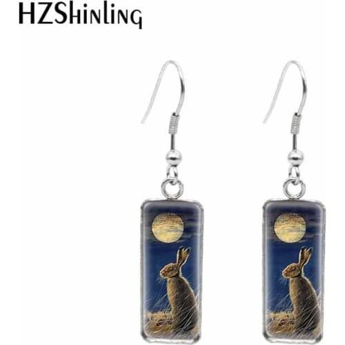 2020 New Rabbit Moon Earring Bunny Art Rectangular Hook Earrings Glass Cabochon Picture Jewelry Handmade