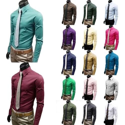 Fashion Men Long Sleeve Shirt Cotton Social Solid Business Slim Fit Turndown Collar Shirts Clothing FS99