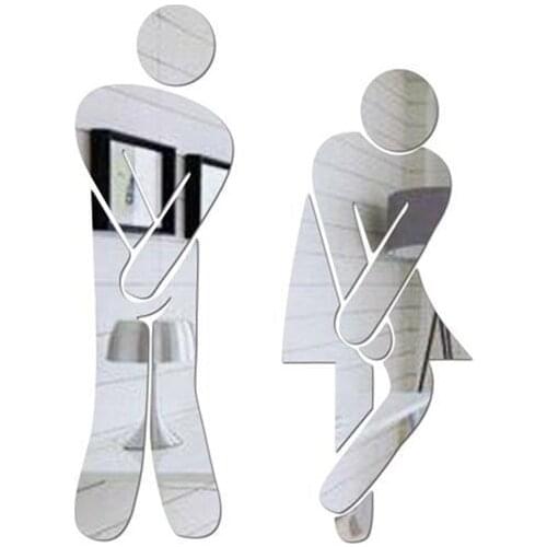 Removable Cute Man Woman Washroom Toilet WC Wall Sticker Family DIY Decor Mirror Sticker Home Decor for Bathroom Silver Gold