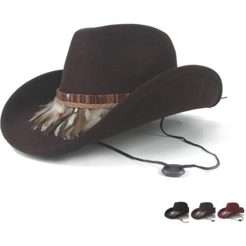 2019 Women Men Wool Hollow Western Cowboy Hat Roll-up Brim Gentleman Outblack Sombrero Hombre Jazz Cap Wind Rope