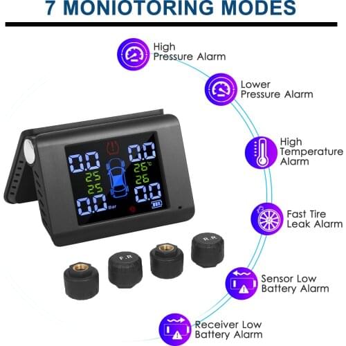 Tire Pressure Monitoring System Solar Charge Pressure Solar Monitor Foldable Design with 4 External Tmps Sensor 7 Alarm Modes