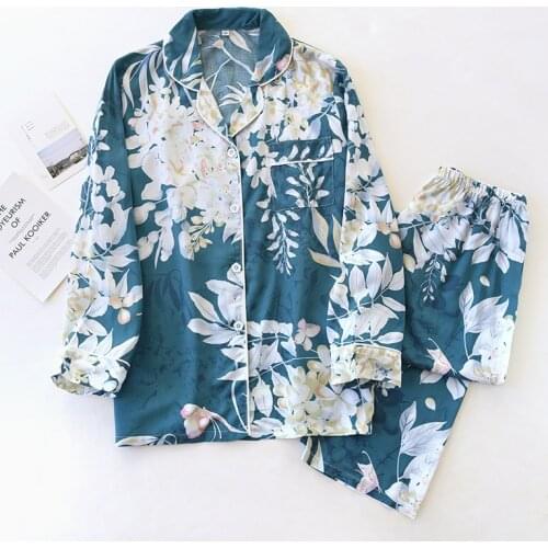 Spring Women Pajamas Thin Long-sleeved Lounge Wear Rayon Print Sexy Nightwear Leisure Two-piece Set Sleepwear Home Clothing 2021