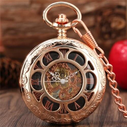 Vintage Hollow Flower Roman Numerals Display Men Manual Mechanical Pocket Watch Exquisite Pendant Hand-winding Clock with Chain