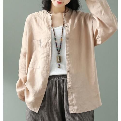 Casual O-Neck Blouse Vintage Ladies Tops Spring Autumn New Arts Style Women Long Sleeve Shirts Solid Cotton Linen Loose