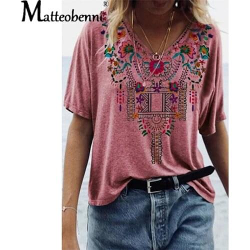 2021 New Spring Summer Women T shirt Plus Size Short Sleeve V-neck Vintage Print Tee shirt Beach Casual Loose Female T shirt Top
