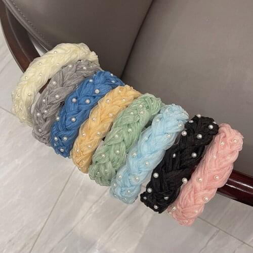 New Womens twist knot pearl Headband Fashionable wide sided solid color cross knot Hairbands girl sweet candy color hair Accesso