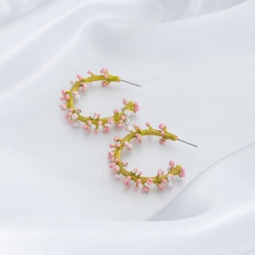 Romantic Sweet Ping Flowers Earrings For Women Copper Enamel Bud C Shape Ear Jewelry Accessories
