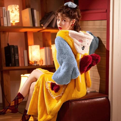 Womens Coral Fleece Pajamas Winter Thicken Plus Velvet Cute Flannel Bathrobes Ladies Home Clothes Sleepwear Can Be Worn Outside