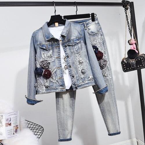 2021 Autumn Denim Suit Women Fashion Short Embroidery Flowers Long Sleeve Jacket + Little Feet Stretch Jeans Two Piece Set H1021