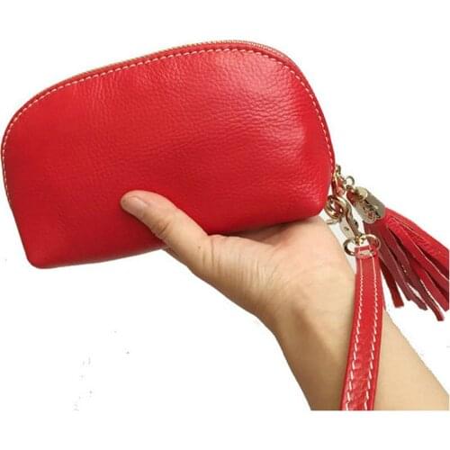Genuine Leather Red Wristlet Womens Fashion Clutch Retro Coin Purse Phone Pouch Tassel Wrist Bag Custom Logo Monogram Gift