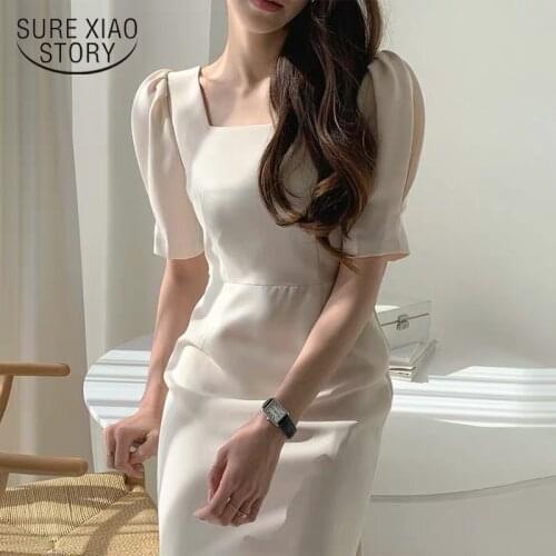 2021 Summer Mermaid Long Dress for Women Casual Vintage Square Collar Dress High Waist Apricot Black Women Dresses Robe 14701