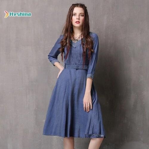 Womens New V-neck Dress Mid Sleeve Denim Skirt Retro Lace Belt Dress