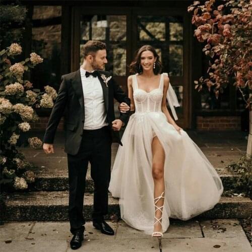 Sexy Spaghetti Strap Backless Beach Wedding Bridal Dresses Sweetheart Thigh Side Split Sequin Country Vestidos De Novia