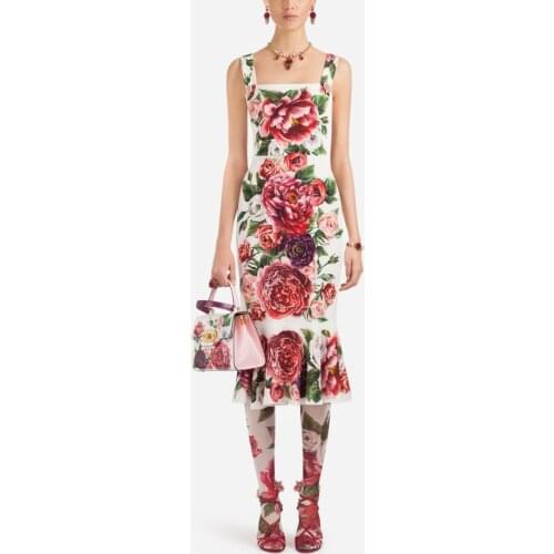 Customize Women Plus Size 3XS-10XL Vintage Sleeveless Spaghetti Strap Floral Print Mid-Calf Bodycon Trumpet / Mermaid Dress