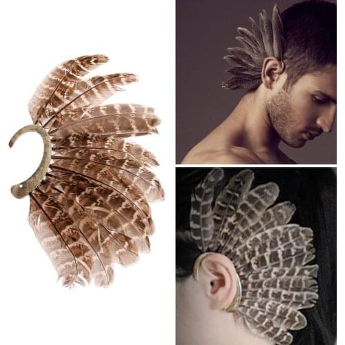 1 PC Unisex Big Gray Natural Feather Earring Cuff Non Piercing Ear Clip One Side