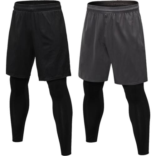 2Pcs Man Running Sport Pants+Fitness Tops Autumn Quick-dry Fake Tight Pants Sweatpants High Elastic Male Sportsuits Tracksuits