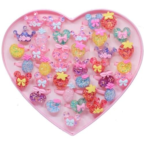 20pcs Love Mixed Sequins Kids rings Shining Fruit flower animal Girls Princess Children Kids Baby Crown Rings Party Gift