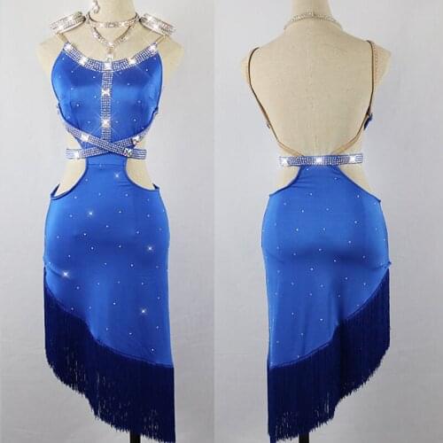 2019 Latin Dance Dress Women Blue Dance Clothes Rhinestone Falda Flecos Party Singer Professional Competitive Latin Dress VDB139