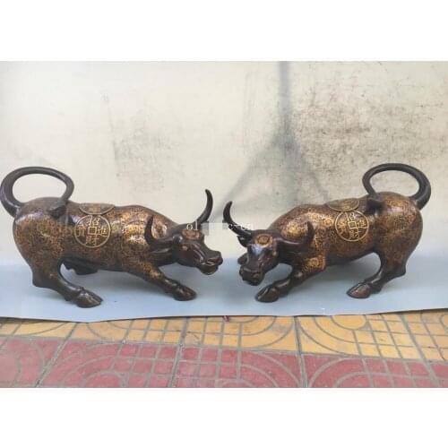 23" Copper sculpture folk feng shui animal BULL OX Pair