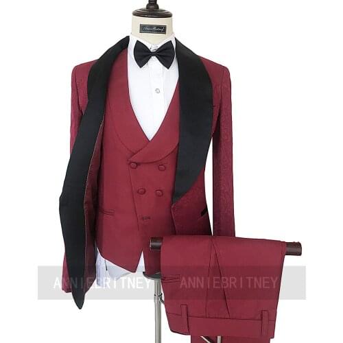Custom Made Bridegroom Marriage Wedding Suit Burgundy Jacquard Blazer Business Men Prom Party Tuxedo Jacket Vest Pants 3 Pieces