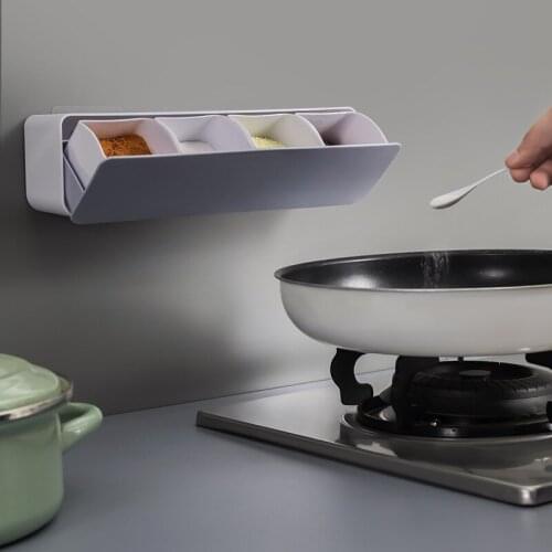 4 in 1 Wall Mount Spice Rack Organizer Sugar Bowl Salt Shaker Seasoning Container Spice Boxes With Spoons Kitchen Supplies