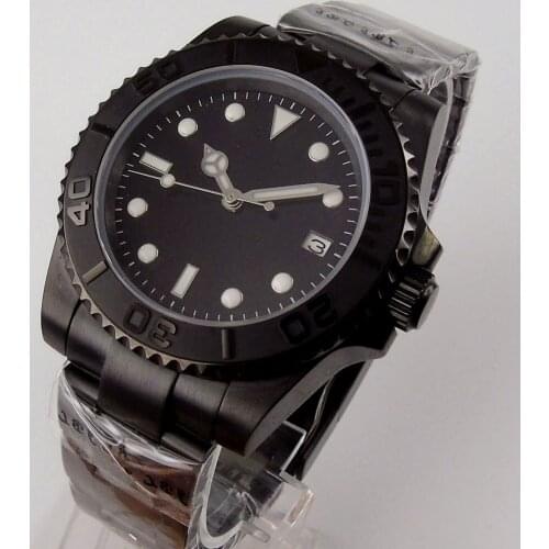 40mm Sterile Black Dial Luminous PVD Coated Brushed Ceramic Bezel Sapphire Glass NH35 Date Automatic Mens Watch