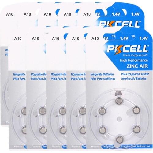 60pcs/10cards PKCELL ZA10 10 PR70 Hearing Aid Batteries A10 10A 1.4V Zinc Air Battery