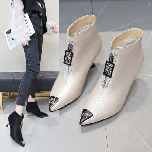 Pointed Toe Ankle Boots Women 5.5 Cm High Heel Short Boots Women Brand Fashion Metal Decoration Winter Ladies Warm boots