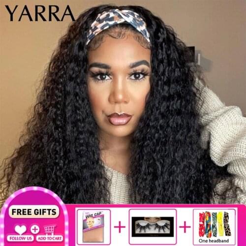 Brazilian Kinky Curly Headband Wig Human Hair Wigs with Headband Scarf for Black Women Glueless Machine Made 180% Density Yarra
