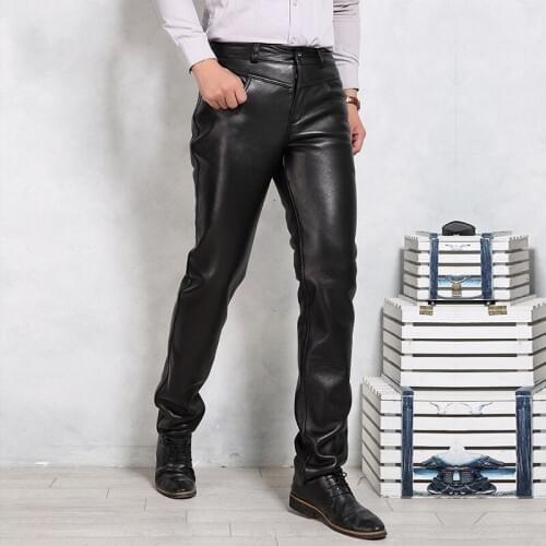 Business Sheepskin Long Pants Men Winter Fleece Lining Warm Black Motorcycle Trousers Straight Leg Real Leather Pantalon Homme