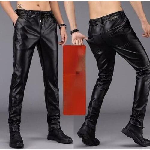 PU Leather Pants Mens Fleece Lined Padded Warm Keeping Slim-Fitting Biker Motorcycle Windproof Pants Winter Man Faux Leather