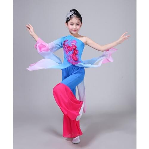 Child Fan Umbrella Classical Clothes Yangko Dance Costumes Girls National Ancient Traditional Dancing Clothes Stage Performance