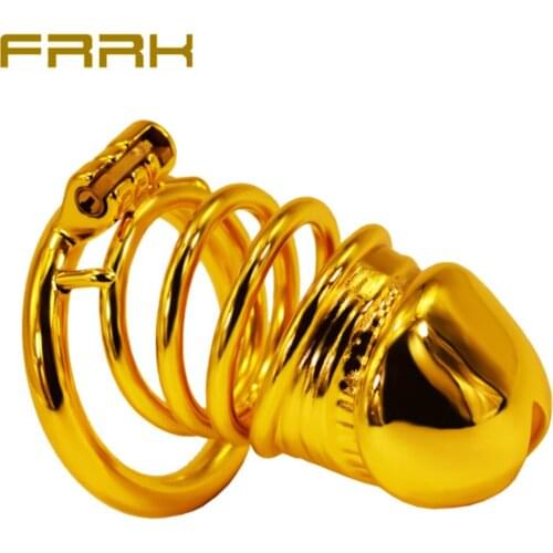 FRRK MenS Stainless Steel Chastity Lock Gold Long Metal Cb Lock Penis Big Cock Cage Couple Flirt Sm Fun Sex Props Adult Store